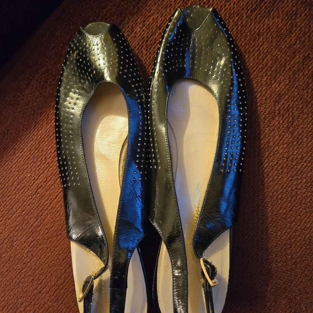 Salvatore Ferragamo Black Patent Studded Slingback Heels, fits 10/11